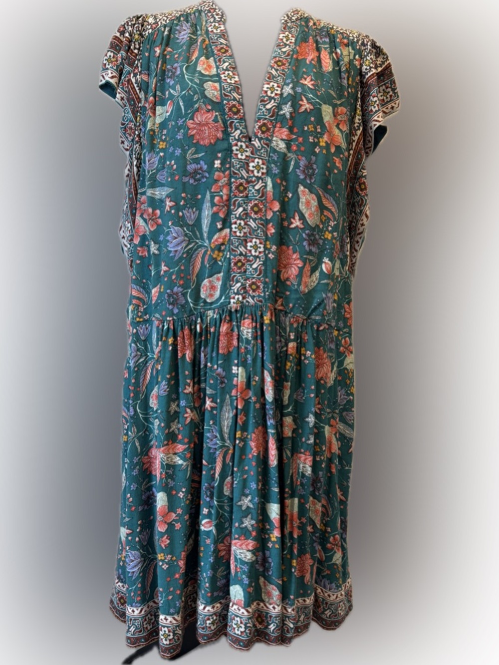 By Anthropologie Teal Floral Border Print Midi Dress 1X